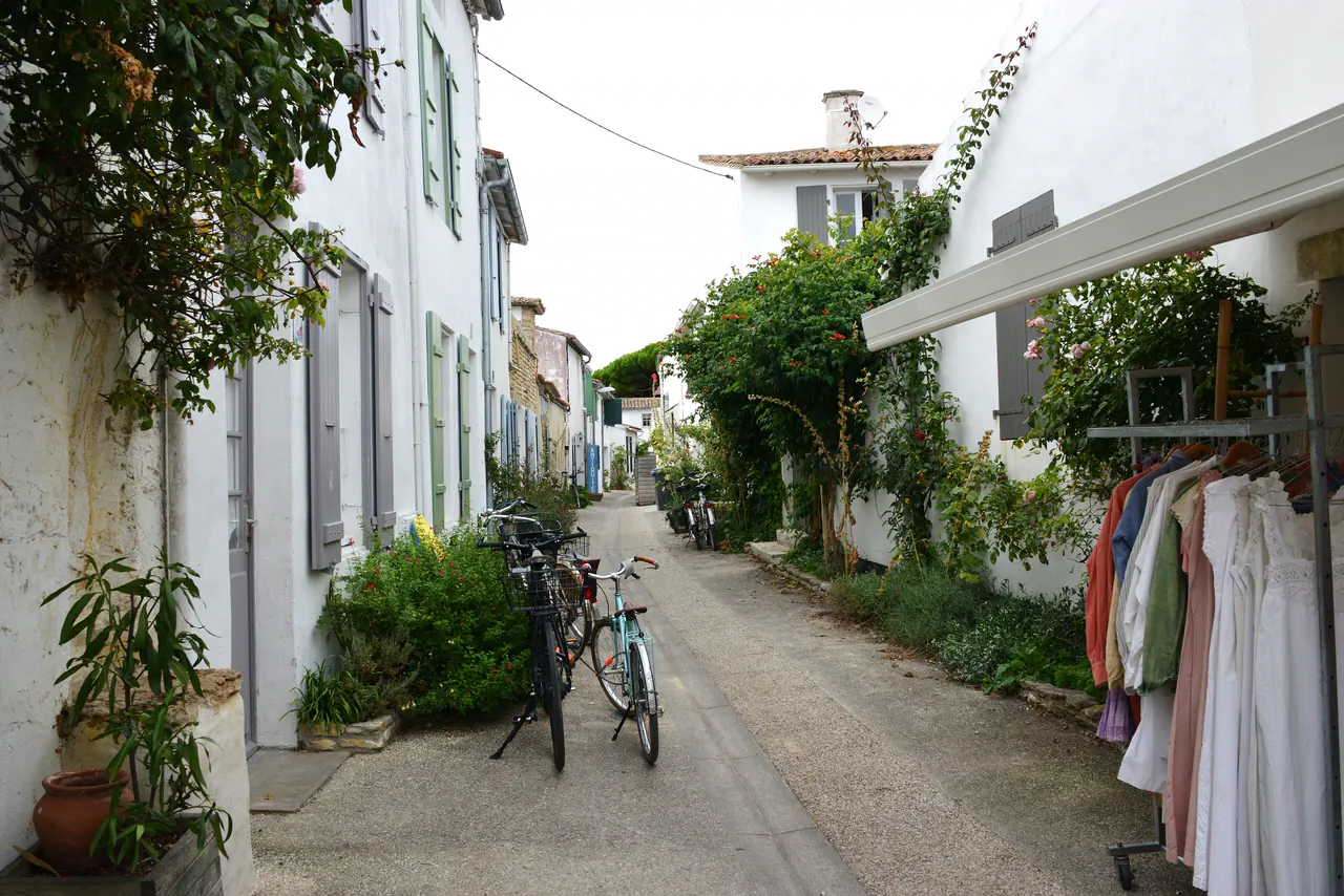 L’impasse des Fleurs aux Portes-en-Ré : façades blanches, volets, plantes grimpantes et vélos